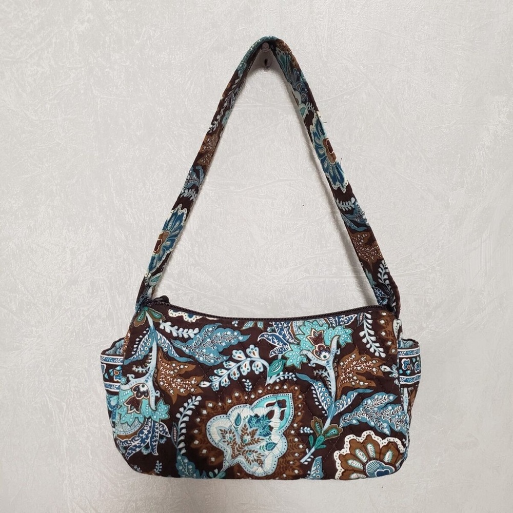 Vera Bradley Maggie Brown Java Blue Floral Quilted Shoulder Bag Purse
